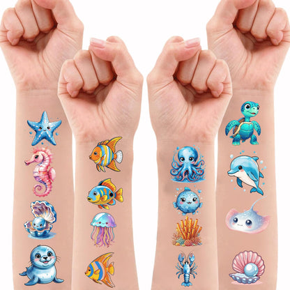 108 PCS Ocean Sea Animal Shark Whale Fish Pre-Cut Temporary Tattoos | Super Cute Themed Birthday Party Favors, Supplies, Decorations, Fake Tattoo Stickers