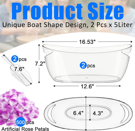Ice Buckets for Parties Set of 2 – 5L Clear Beverage Tub with Ice Scoop & Faux Petals, Large Drink Buckets for Wine, Champagne, Beer, and Events