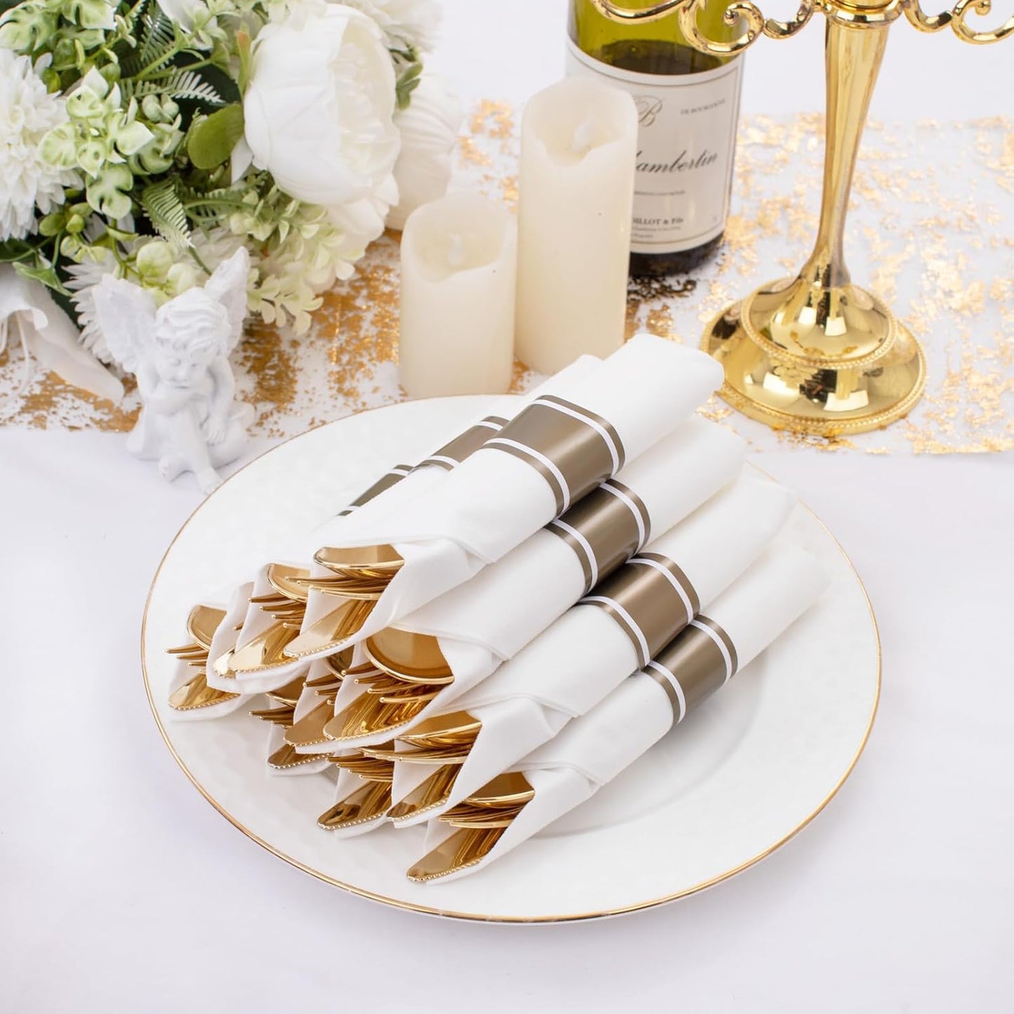 Supernal 240 Silver Plastic Silverware Set - 60 Sets Pre Rolled Napkins with Cutlery - Mirror Polished Real Look Disposable Silver Utensils- Elegant Heavy Duty Flatware for Weddings & Catering