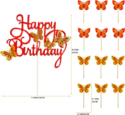 13-Pieces 3D Butterfly Cupcake Topper for Girls Women's Happy Birthday Cake Decorations Party Decorations(Pink)