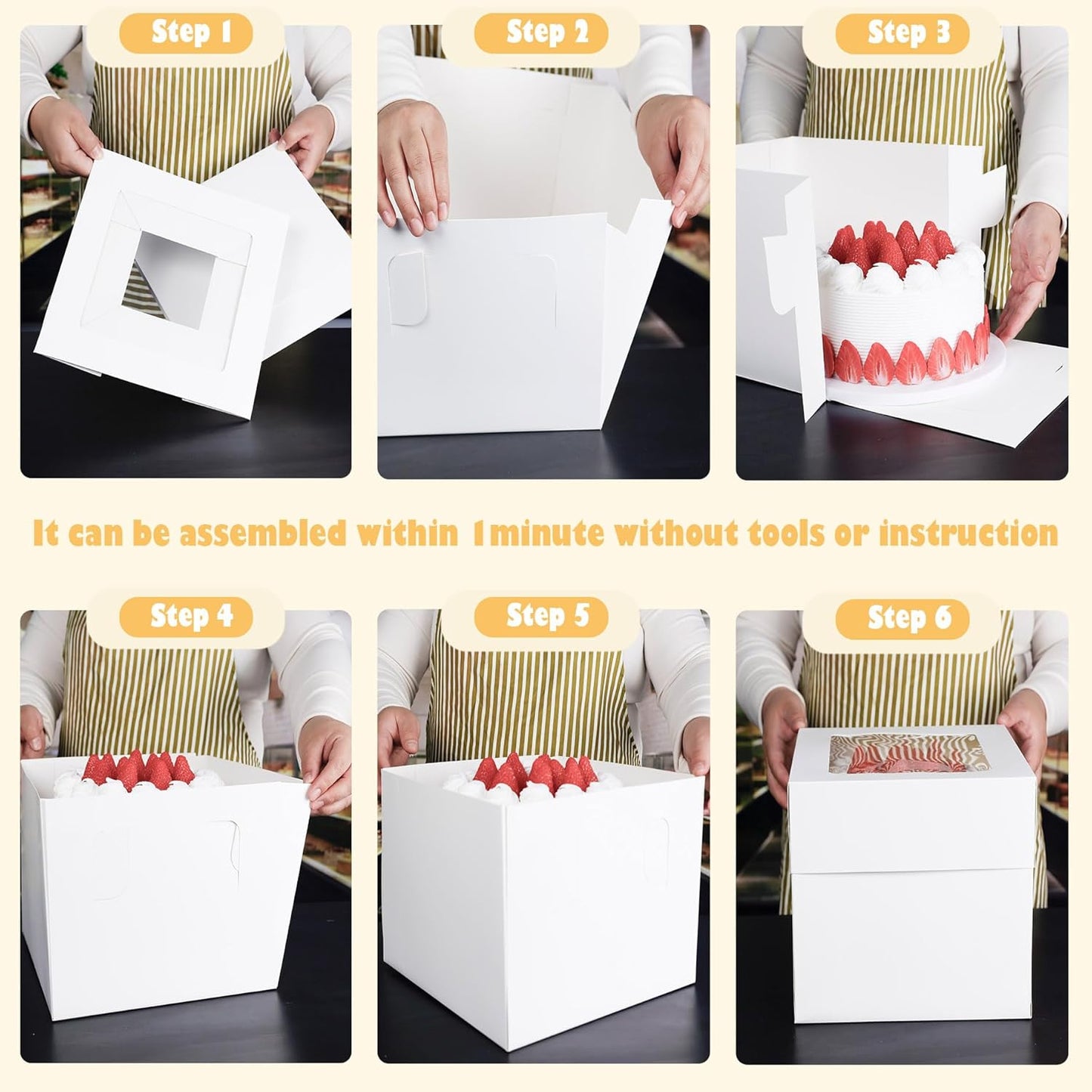 12x12x12 Inches Cake Boxes with Cake Boards, 3 Pack Premium Tall Cheesecake Boxes with Display Window for Christmas, Birthday, Wedding