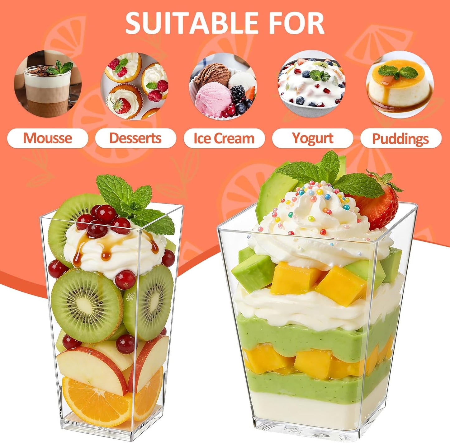 Eupako 3 oz Plastic Dessert Shooter Cups with Spoons - 100 Pack Mini Clear Slanted Appetizer Cup, Small Dessert Cup for Jello Shots, Parfait, Puddings, Mousse
