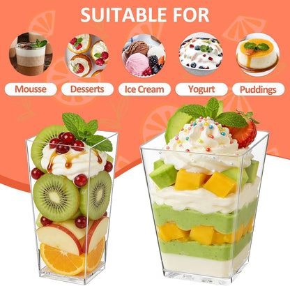 Eupako 3 oz Plastic Dessert Shooter Cups with Spoons - 100 Pack Mini Clear Slanted Appetizer Cup, Small Dessert Cup for Jello Shots, Parfait, Puddings, Mousse