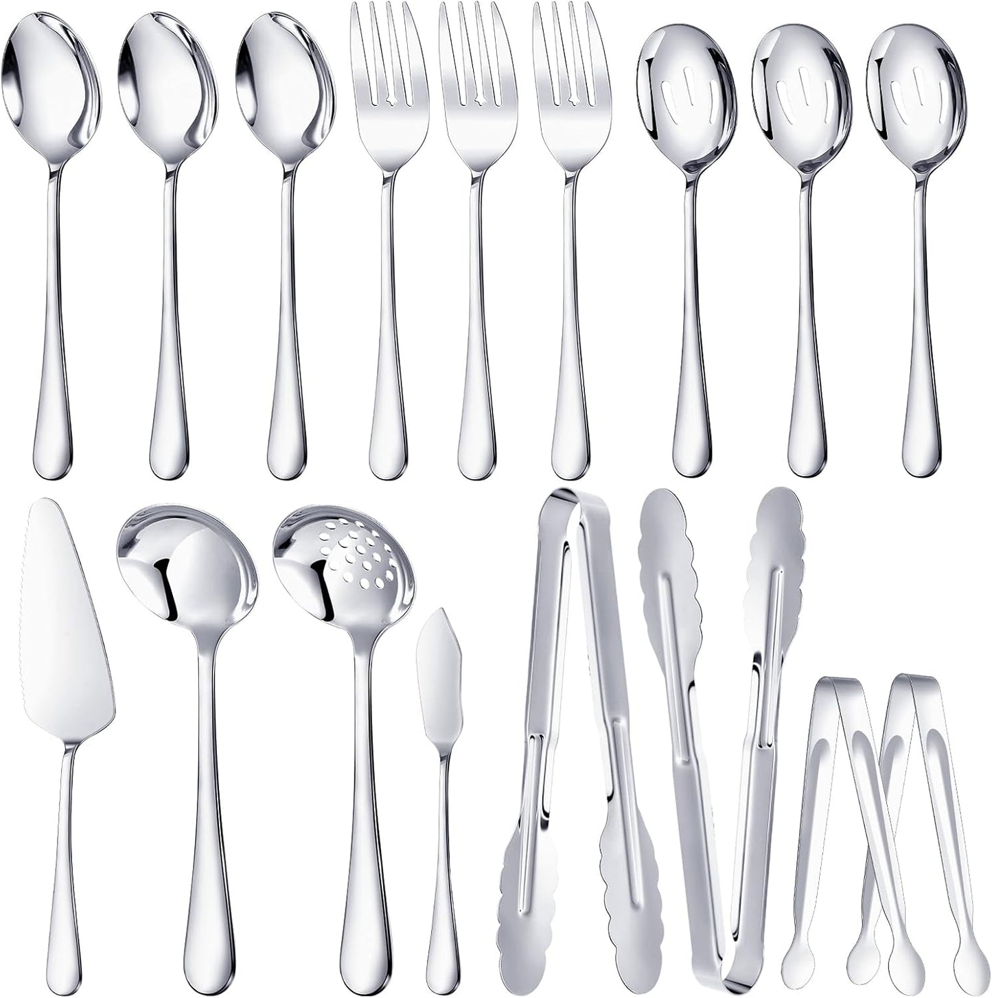 Mwellewm 17Pcs Serving Utensils, Gold Stainless Steel Serving Spoons, Slotted Spoon, Fork, Tongs, Cake Pie Server, Soup Spoon, Metal Buffet Banquet Cutlery Set for Parties Entertaining Catering