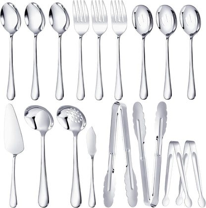 Mwellewm 17Pcs Serving Utensils, Gold Stainless Steel Serving Spoons, Slotted Spoon, Fork, Tongs, Cake Pie Server, Soup Spoon, Metal Buffet Banquet Cutlery Set for Parties Entertaining Catering
