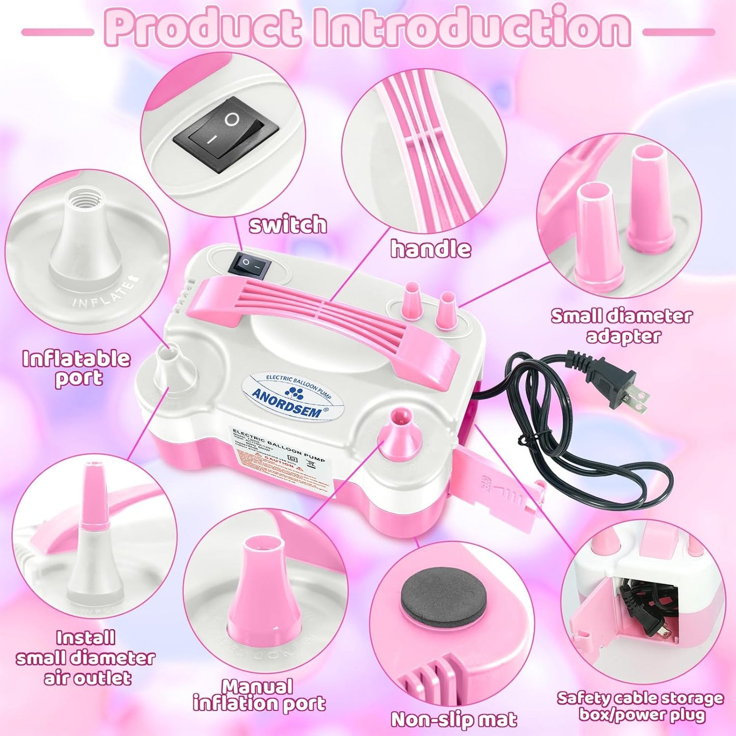 Anordsem Electric Balloon Air Pump: Polypropylene Plastic Case with Dual Nozzle - Quick Inflating for All Balloons at Home - Blower Machine Knotter/Ribbon for Parents Party DIY Decoration
