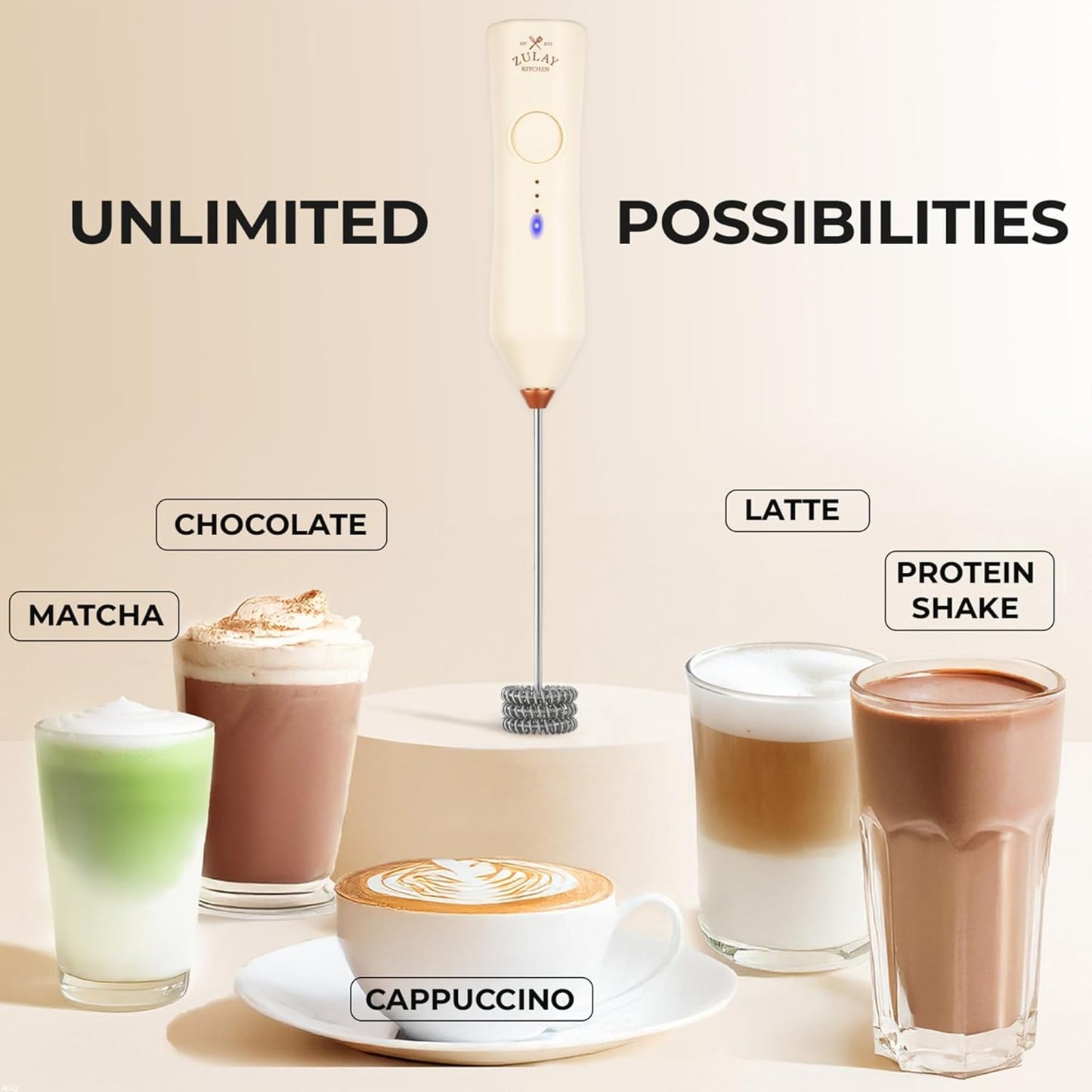 Zulay Kitchen Powerful Milk Frother Wand With Duracell Batteries - Ultra Fast Handheld Drink Mixer - Electric Whisk Foam Maker for Coffee, Lattes, Cappuccino & Matcha - Z1 Motor - Black - Colors B
