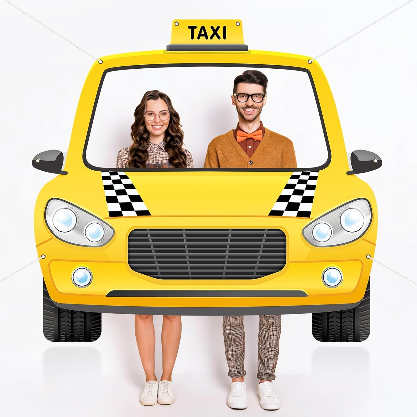 Fabric 59 x 54.5 Inch Car Themed Party Decoration Taxi Themed NYC Photo Booth Yellow Cab Background Taxi Selfie Backdrop Black and White Checkered Decor for Birthday Baby Shower Party Supplies
