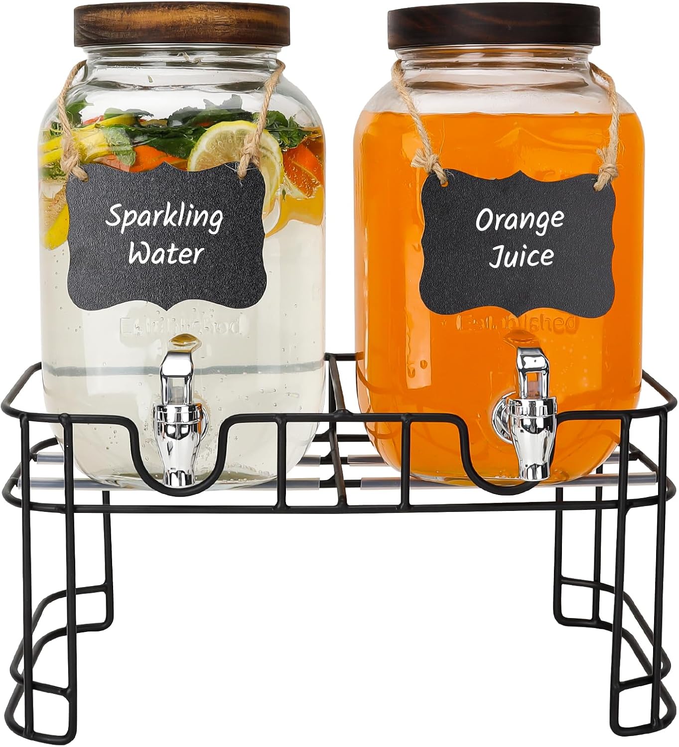 1 Gallon Glass Drink Dispensers, 2 Pack Clear Beverage Dispenser with Stand and Spigot for Parties, Drink Dispenser with Ice Core and Sticker for BBQ, Picnic, Lemonade Dispenser