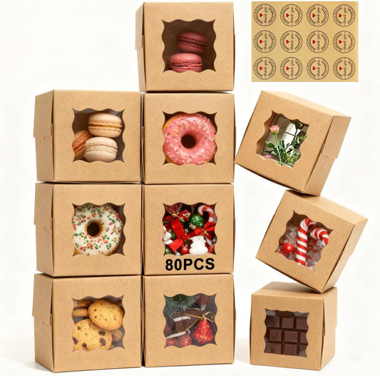 80 Pack Cookie Boxes with Window, 4x4x2.5 Inch Kraft Bakery Boxes for Treats, Desserts, Mini Cakes, Cookies, Pastries, Donuts, Macarons, Strawberries, Chocolate & Gift Giving (Brown, with Stickers)