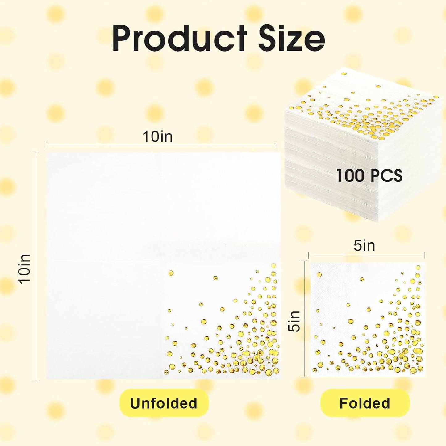 100 Pcs Gold Cocktail Napkins, 3-Ply Party Paper Napkins, 5 x 5 Inches Bar Napkin Disaposable for Weddings, Birthdays, Baby Showers, Anniversaries, and Cocktail Parties (White)