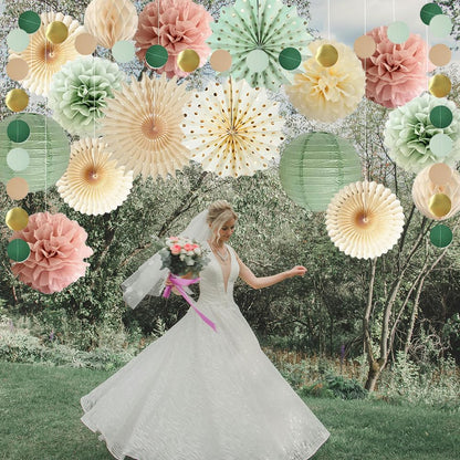 Sage Green and Pink Party Decorations Girl Baby Shower Decor Paper Pom Poms Paper Fans Cicle Dots Garland for Women Girls Pink Sage Green Birthday Baby Shower Bridal Shower Decor