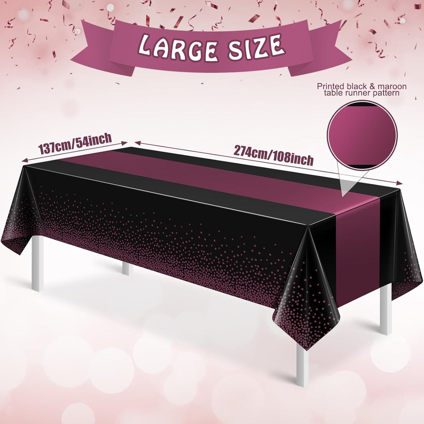 MASHAN 3Pcs Black and Red Tablecloth Party Decorations,Plastic Black Table Cloth Printed Red Table Runner Disposable Rectangle Cover for Birthday Weeding Anniversary Graduation Party,54 x108 Inch