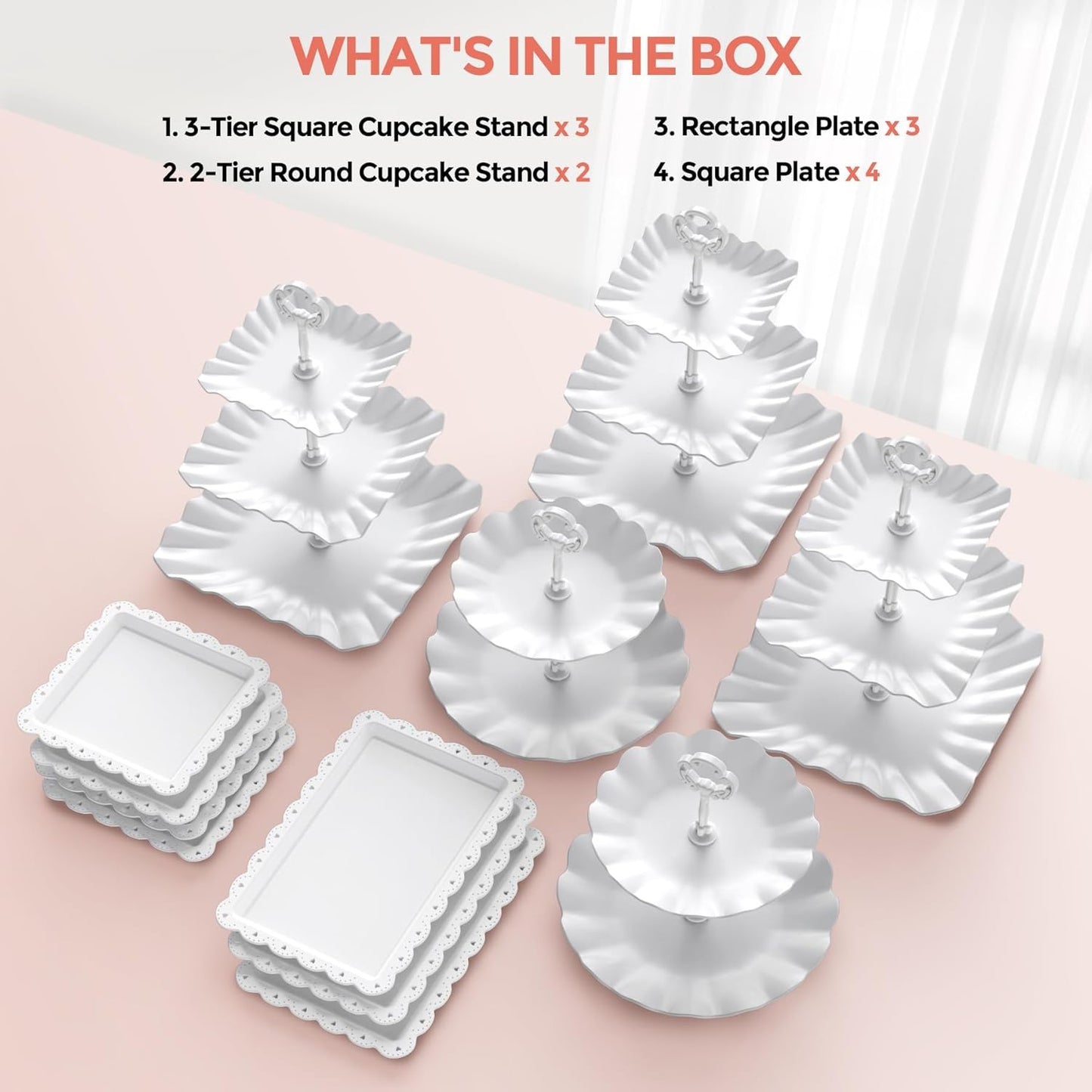 12Pcs Dessert Table Display Set, Cupcake Stand, 3-Tier Cup Cake Tower Stands & 2-Tiered Cake Holder, Treat Food Platters Serving Trays for Tea Party, Baby Shower, Bridal, Wedding, Birthday, Plastic