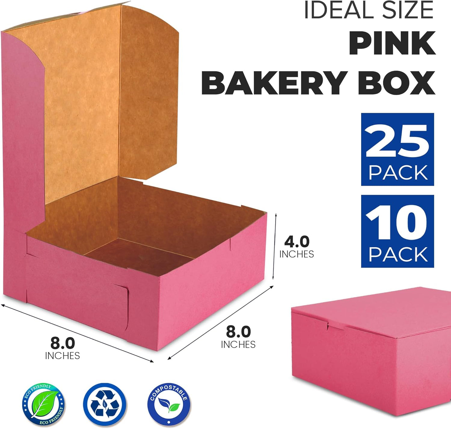 Fit Meal Prep [25 Pack] Pink Bakery Boxes 8x8x4 Pastry Box for Cupcakes, Desserts, Cookies, Candies Ideal Packaging for Bakeries and Home-made Baked Goods, Favors, and Gifts