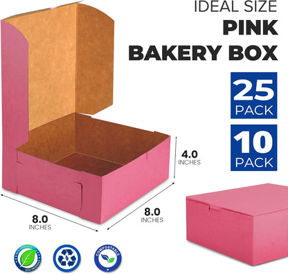 Fit Meal Prep [25 Pack] Pink Bakery Boxes 8x8x4 Pastry Box for Cupcakes, Desserts, Cookies, Candies Ideal Packaging for Bakeries and Home-made Baked Goods, Favors, and Gifts