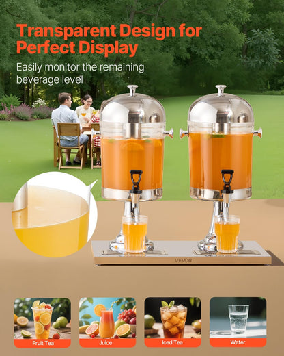 VEVOR Beverage Dispenser, 2.1 Gallon x 2 Drink Dispenser for Parties, Stainless Steel + Plastic Juice Dispensers with Spigot Ice Chamber Tray, Iced Tea Lemonade Dispensers, for Restaurants, Hotels
