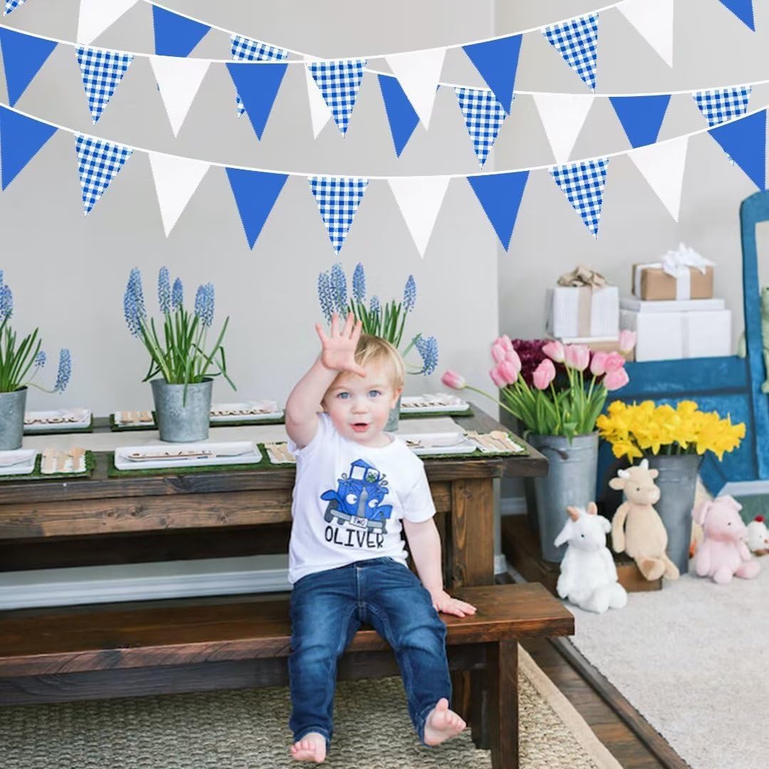 32Ft Dusty Blue Party Decorations Retro Blue Gingham Triangle Banner Flag Pennant Fabric Garland Streamers for Nautical Wedding Birthday Ahoy Achor Bridal Baby Shower Under The Sea Decor Supplies