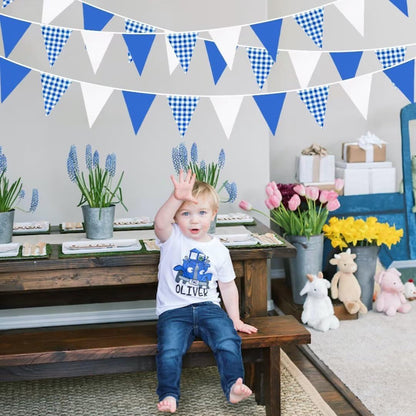 32Ft Dusty Blue Party Decorations Retro Blue Gingham Triangle Banner Flag Pennant Fabric Garland Streamers for Nautical Wedding Birthday Ahoy Achor Bridal Baby Shower Under The Sea Decor Supplies