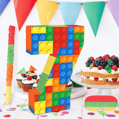 Number 7 Pinata Building Blocks with Pinata Stick Blindfold 7th Birthday Party Decorations Happy Birthday Building Block Theme Anniversary Party Supplies for Kids (Small, 16 x 10.6 x 3 in)