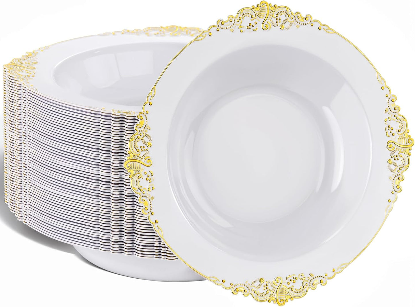 Nervure 50 Pack White Plastic Bowls with Gold Rim - 12oz Disposable Soup Bowls - Heavy Duty Dessert Bowl, Salad Bowl Perfect for Weddings, Parties, Mothers Day