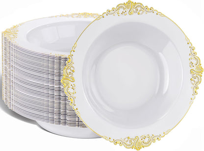 Nervure 50 Pack White Plastic Bowls with Gold Rim - 12oz Disposable Soup Bowls - Heavy Duty Dessert Bowl, Salad Bowl Perfect for Weddings, Parties, Mothers Day