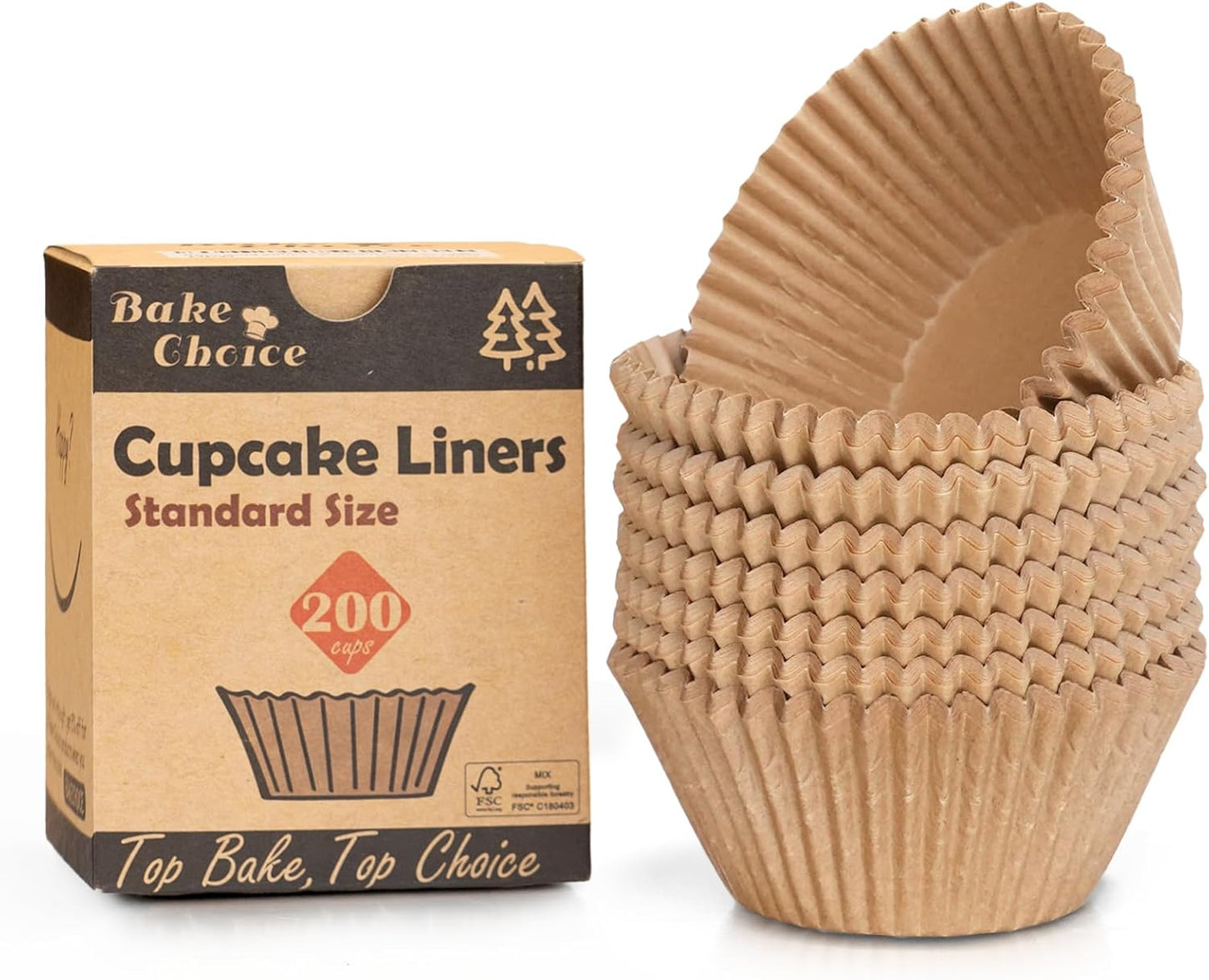 Bake Choice Non-stick 200pcs Standard Cupcake Liners for Baking, Natural, Food-grade Cupcake Wrapper, Greaseproof Parchment Muffin Liners