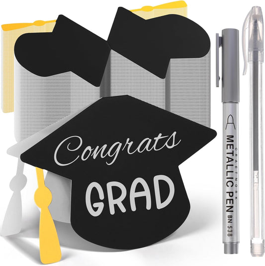 Colarr 2026 Graduate Place Cards with 2 Silver Marker Pen 50 Pcs Black Grad Caps Buffet Food Labels Congrats Grad Folded Tent Name Cards for Graduation Party Table Setting Decorations Supplies