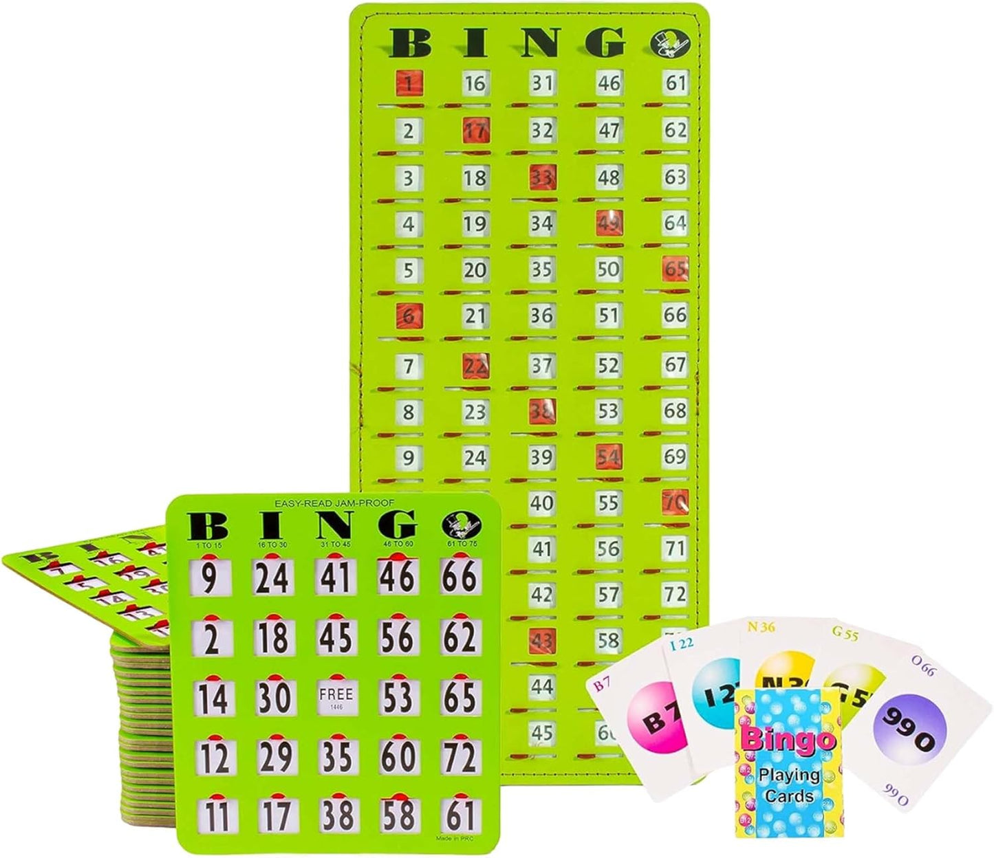 MR CHIPS Jam-Proof Bingo Cards with Sliding Windows, 25 Reusable Shutter Cards, 75 Calling Cards 1 Master Board in Tan Woodgrain Style