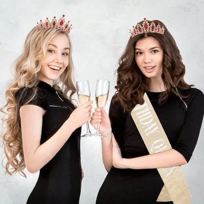 CAVETEE Red Black Birthday Crown and Sash for Women Sash & Rhinestone Tiara Set Red and Black Party Decorations Birthday Queen Crowns Tiaras for Women