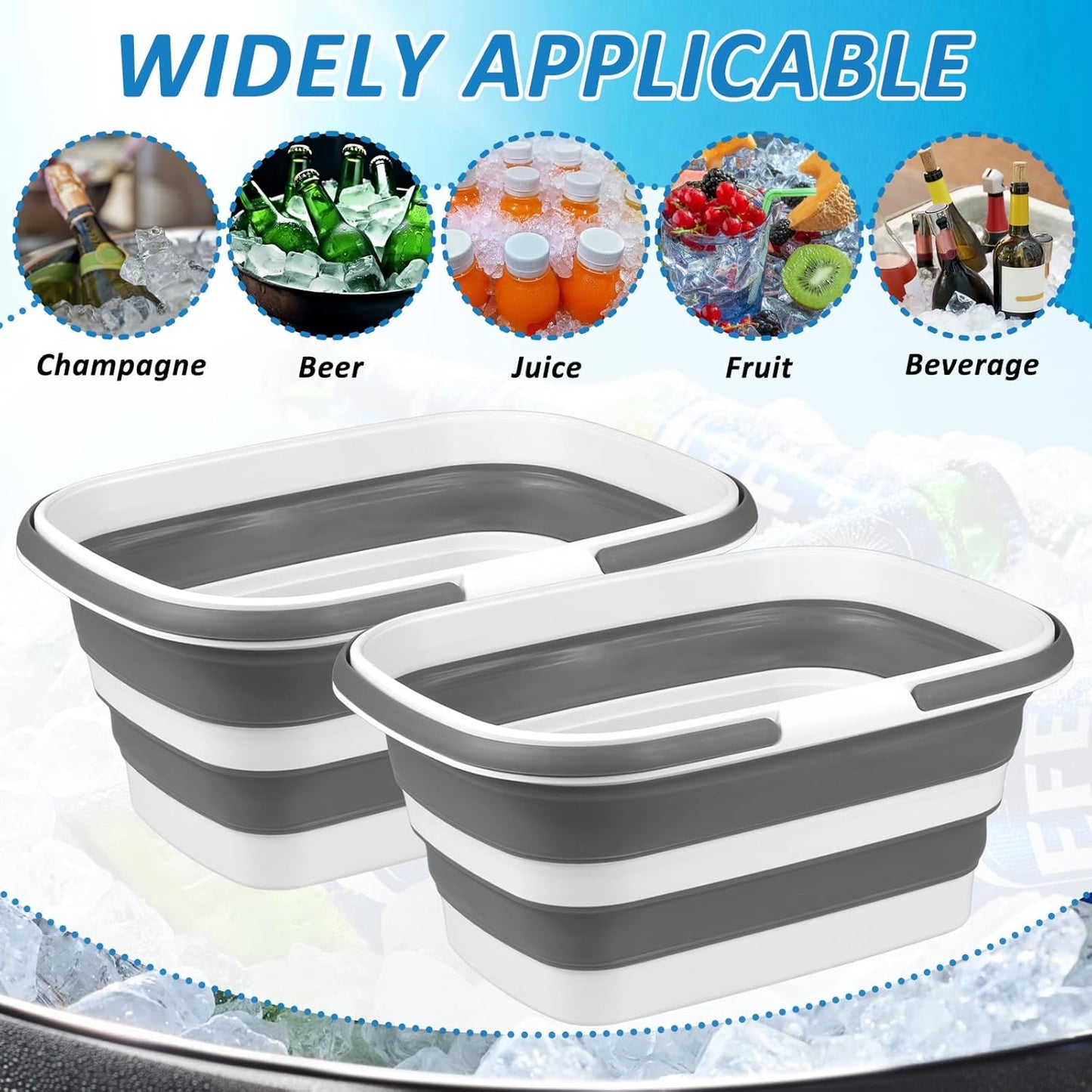 2 Pack Ice Buckets for Parties, Foldable Beverage Tub, Collapsible Ice Bucket for Wine Beer Champagne, Large Beer Ice Buckets Drink Cooler, Space Saving Ice Storage Tub Ice Cube Bin (8.5L*2)