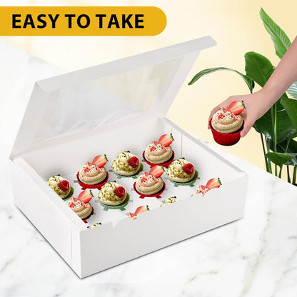 12-Count White Cupcake Boxes with Window and Insert, 13x10x3.5 Inch, Set of 10, Suitable for Cupcakes, Muffins, and Cookies
