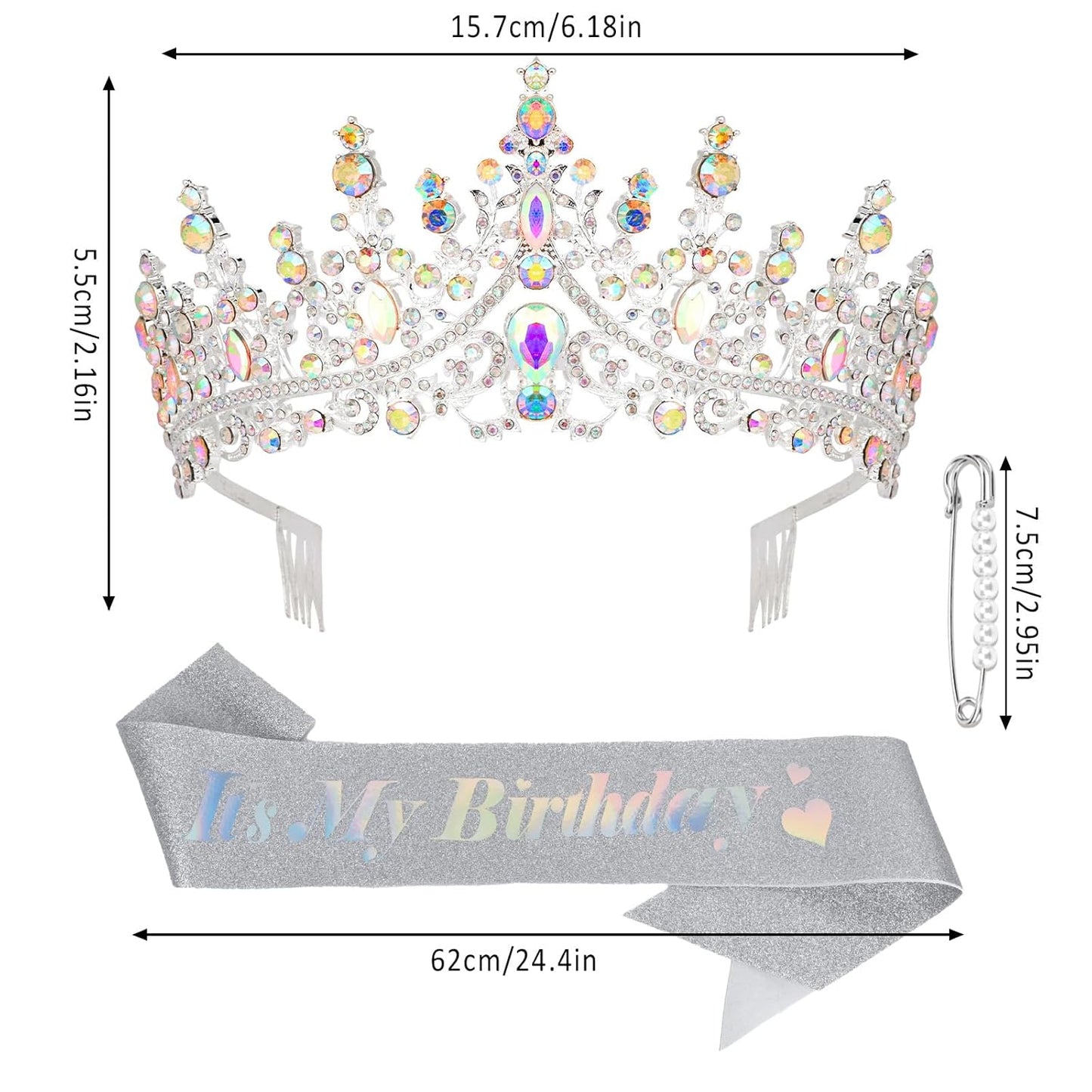 CURASA Birthday Tiara and Sash - Silver Birthday Crown for Women, Perfect for Parties and Celebrations