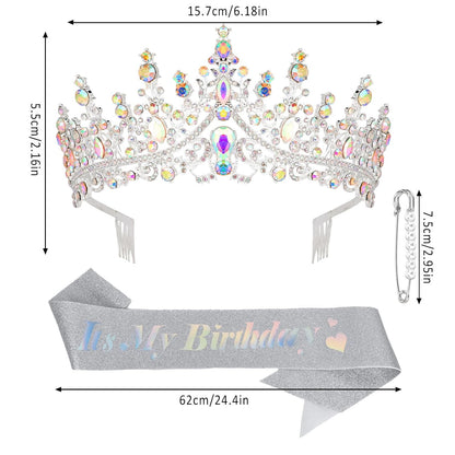 CURASA Birthday Tiara and Sash - Silver Birthday Crown for Women, Perfect for Parties and Celebrations