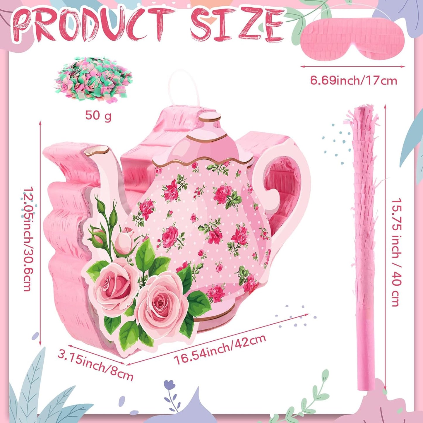 Aoriher 4 Pieces Tea Party Piñatas Tea Flower Themed Decorations Teapot Small Piñata Bundle with Blindfold and Stick Teacup Party Supplies Favors for Birthday(Pink,Teapot)