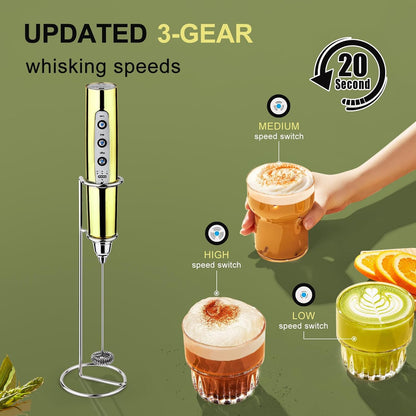 YUSWKO Black Handheld Milk Frother Wand for Coffee, Rechargeable Electric Whisk with 3 Heads 3 Speeds Drink Mixer Coffee Frother For Latte, Cappuccino, Hot Chocolate, Egg