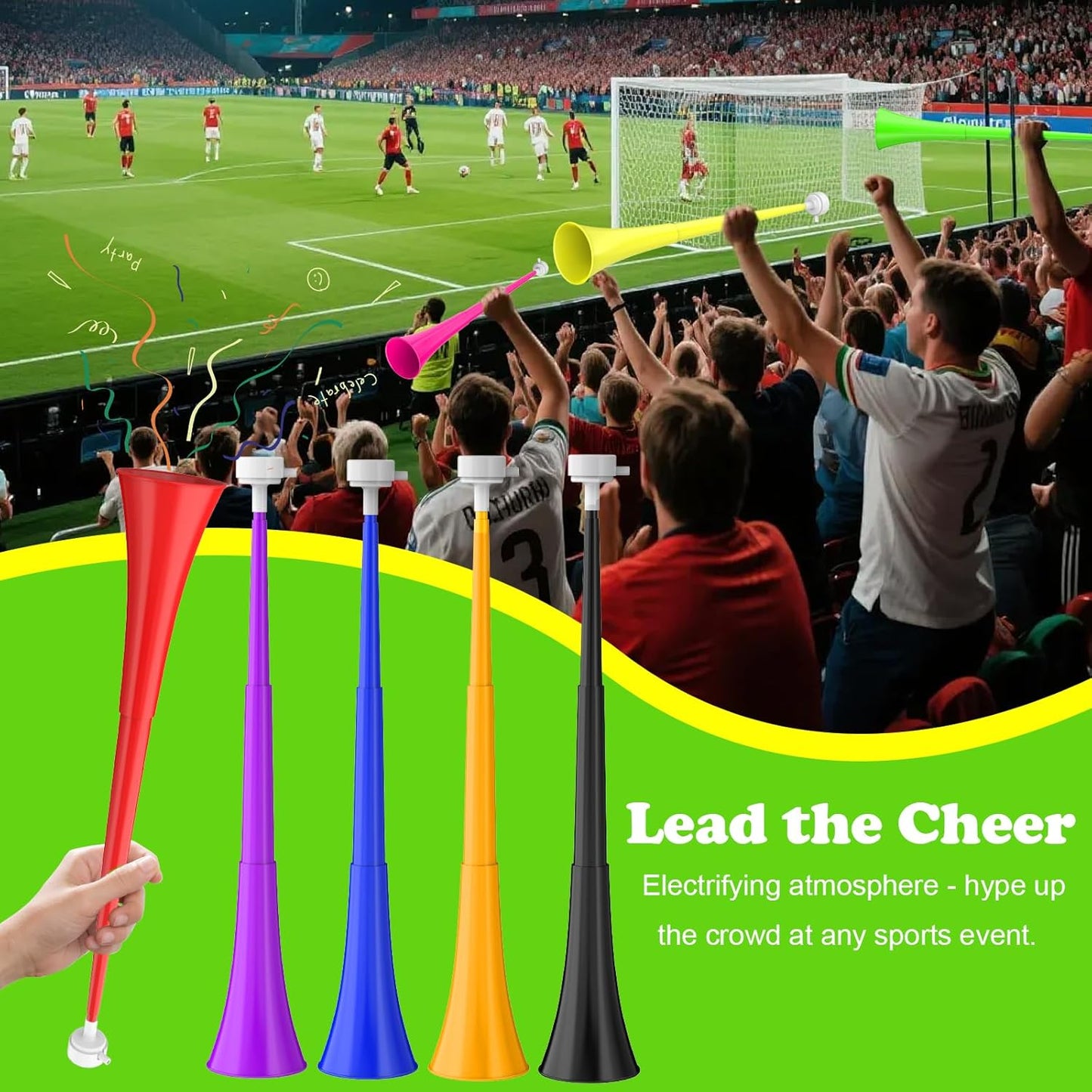 Collapsible Stadium Horn 24 Inch Vuvuzela Noise Makers Plastic Cheering Trumpet Blow Horns Noisemakers for Sporting Events Football Games School Sports Party Supplies Favors Accessories