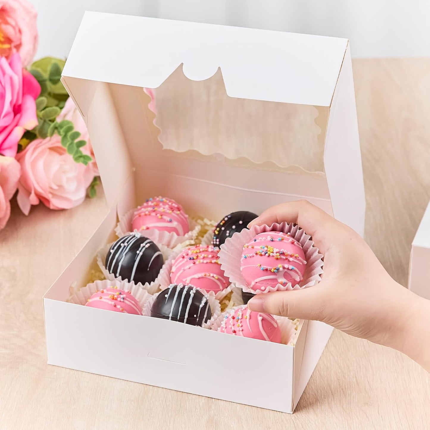 Kucoele 20 PCS Pie Boxes, 9 x 9 x 2.5 Inches Bakery Boxes with Window, Auto-Popup Cookie Boxes White Treat Boxes for Chocolate Strawberries, Pastries, Muffins, Donuts