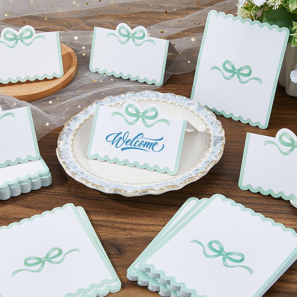SUPERFINDINGS 200Pcs Blank Place Cards Blue Bow Place Cards 4.02x3.54 Inch/10.2x9cm Wedding Seating Card Buffet Food Labels Tent Fold Table Name Card for Wedding Party Table Setting