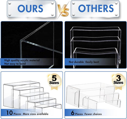 Aheroi Large Acrylic Risers, 10 Pcs 2 Set(7”L~8”L~9”L) Riser Display Shelf, Clear Rectangular Display Stands Set, Transparent Shelves for Decor, Showcase Holder for Cupcake