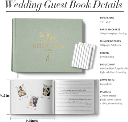 Wedding Guest Book for Memorial Service with 216 Photo Corners Stickers, Linen Guestbook to Sign at Bridal Shower or Wedding Reception Party,100 Pages, Blank Thick Paper Books for Baby Shower- Sage