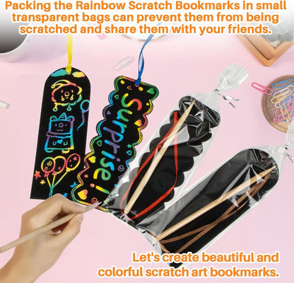 MAQIHAN Scratch Art Bookmarks - 36 Sets 4 Style Making Kit Paper with Scratching Tools Satin Ribbons Create Rainbow Without Ink Christmas Ornaments Hanging DIY Party Favors for Classroom