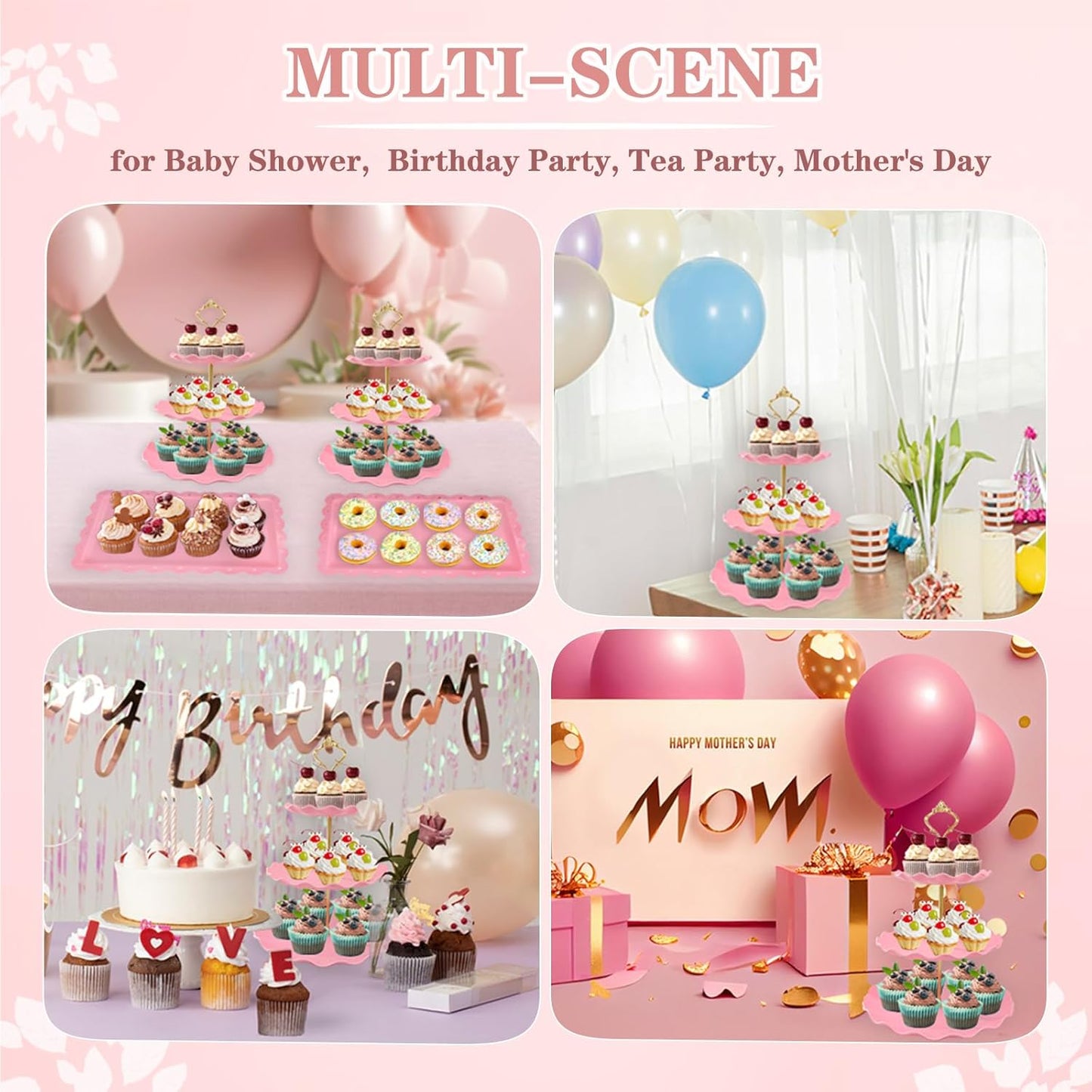 5 Pcs Dessert Table Display Set, White Plastic 2 Pcs Round 3 Tier Cupcake Stand Cup Cake Tower Stand with Metal Rod & 3 Pcs Serving Tray for Baby Shower, Tea Party, Wedding, Birthday Party
