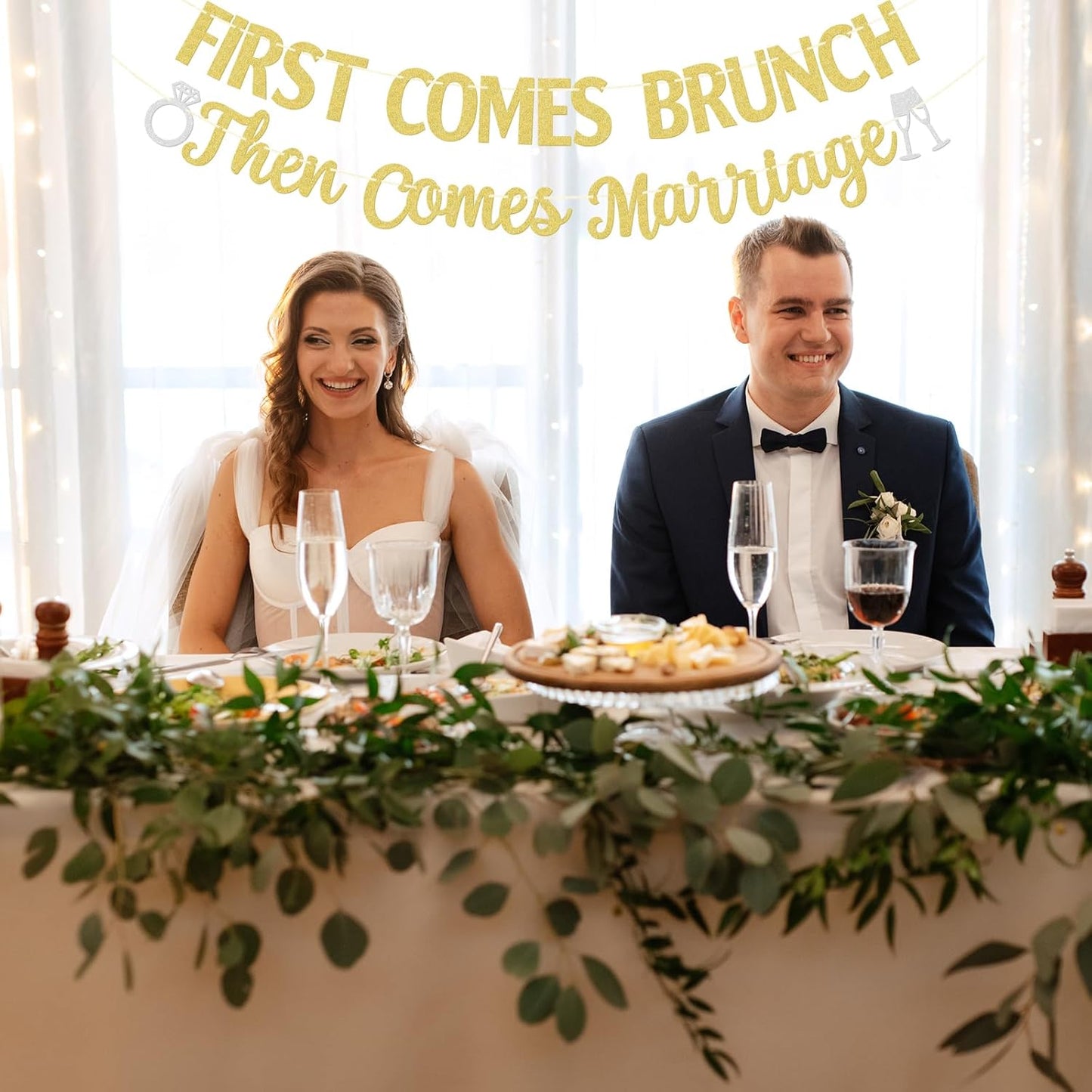 First Comes Brunch Then Comes Marriage Banner - Wedding Party Decorations - Bridal Brunch Welcome Sign Decor - Engagement Banner - Gold Glitter