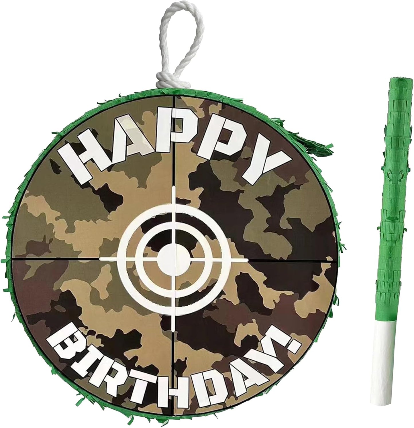 APINATA4U Green Camouflage Target Pinata Set with Stick and Blindfold, 16x4 Inches, Hunting Game Party Supplies, Happy Birthday Bullseye Decorations for Kids, Dart Gun and Army Themed Party