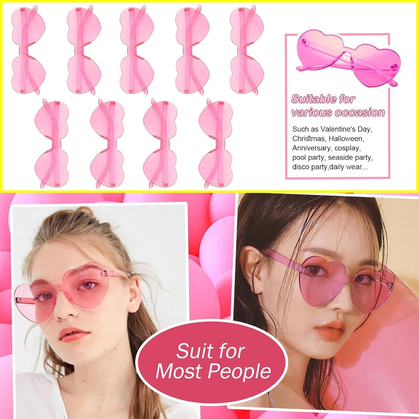 9 Pack Heart Shaped Sunglasses Rimless Heart Glasses for Bachelorette Party Birthday Decorations Party Favors