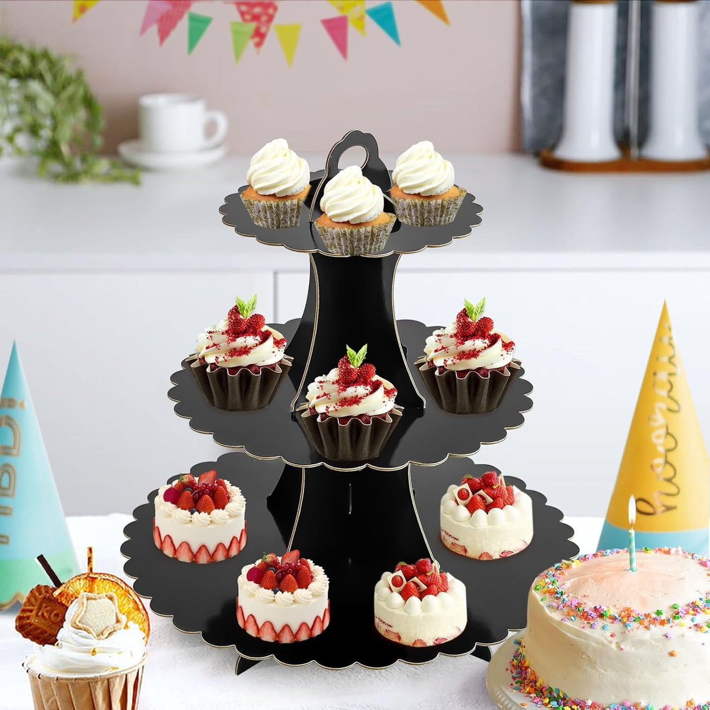 Soleebee 3-Tier Cupcake Stand, Cardboard Cupcake Tower, Dessert Cup Cake Stand Tower for Birthday Wedding Party Decoration, Cupcake Tier Stand 1 Set (Black)