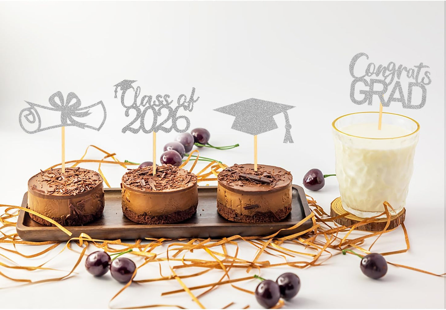 2026 Graduation Theme Cupcake Toppers Glitter Class of 2026 Graduation Cap Diploma Cupcake Picks - Set of 24 (Gold)