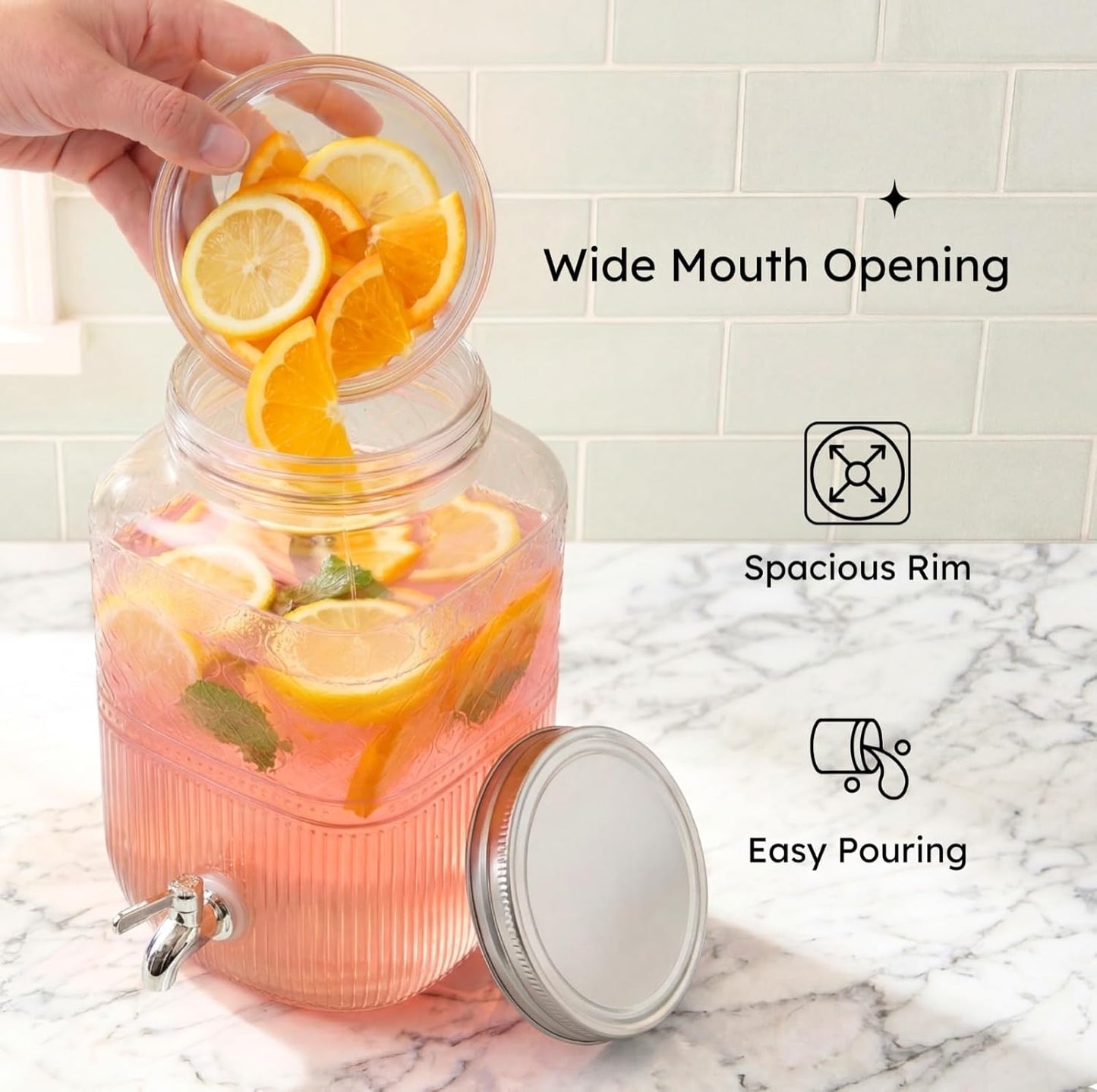 Godinger Drink Dispenser 2 Gallon, Large Glass Water Dispenser - (256oz) Blush