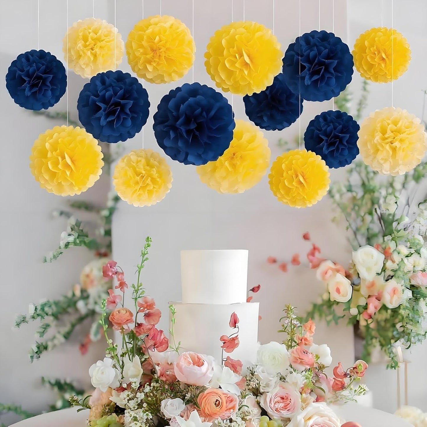 XIKSXITN 12 pc Rose Gold Gradient Tissue Paper Pom poms-Hanging Gold Dot White Paper Pom Poms Paper Flowers Ball for Party Decorative(8&10&12 inch)